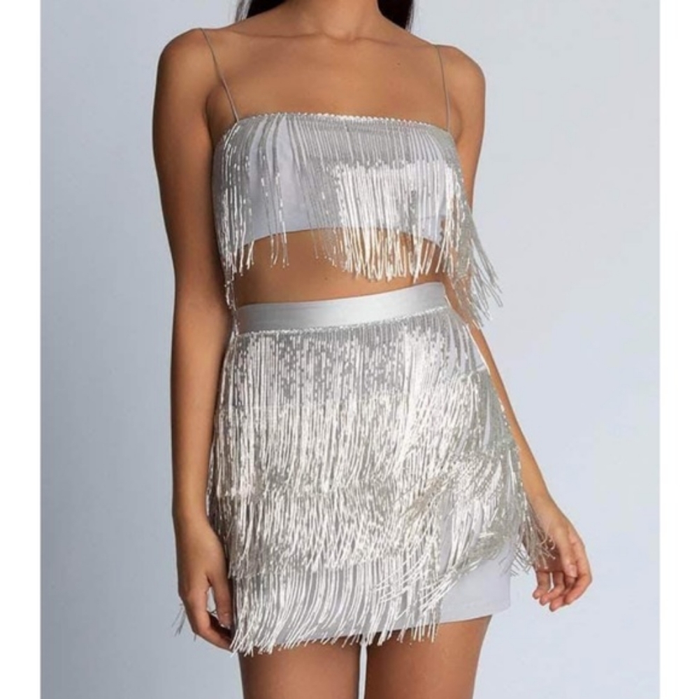 Meshki Silver Fringe Beaded Sofia Top& Skirt Set